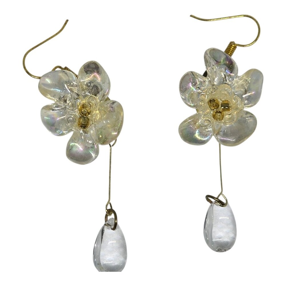 Floral Glass Drop Earrings With Iridescent Petals & Gold Accents